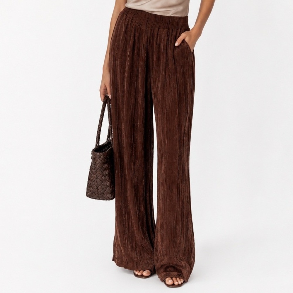 Zara Brown Boho Plisse Paisley Jacquard High Waist Straight Leg Pants Medium